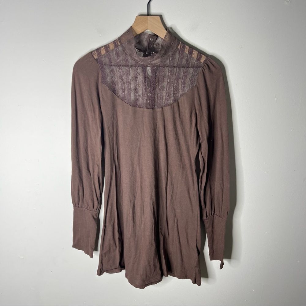 Free People Lightweight Cocoa Brown Lace Mock Turtleneck Mini Dress Medium Fairy
